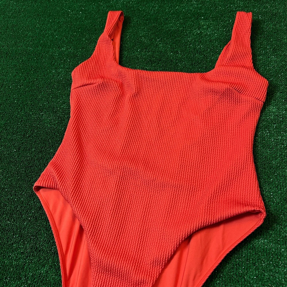 Monday Swimwear One Piece Swimsuit W L Coral Red Textured Square Neck Low Back - Picture 3 of 13
